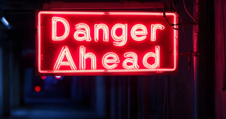 Red neon sign reading Danger Ahead glowing ominously in the dark. The intense red light casts eerie reflections warning of an impending hazard with an electrifying presence