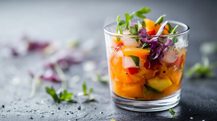 A close-up view of a glass jar filled with a colorful pickled vegetable salad, set against a gray background