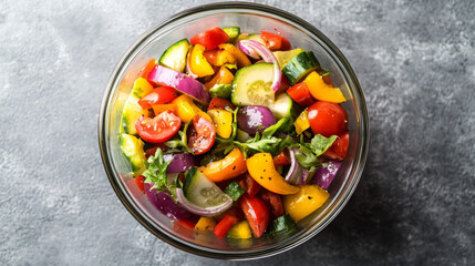 A close-up view of a glass jar filled with a colorful pickled vegetable salad, set against a gray...