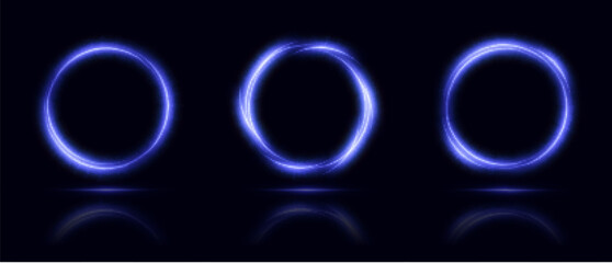 Glowing neon round frame. Collection of round glowing neon lights on dark background with space for objects.