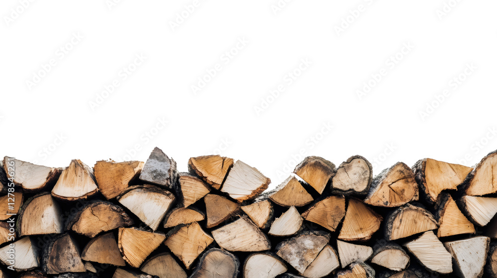 Poster Wooden firewood logs neatly stacking, creating rustic border against transparent backdrop