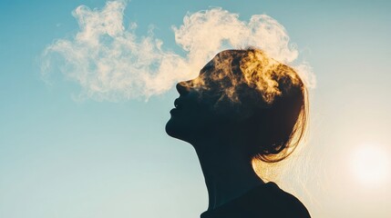 Silhouette of Woman Exhaling Smoke Against Sunset Sky Background