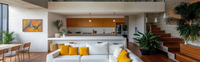 Fototapeta premium Modern open-plan living room with white sofa, yellow cushions, and wooden staircase.