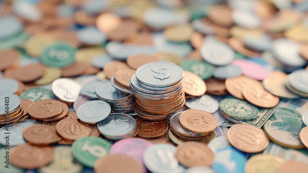 Poster a close-up of various coins scattered on a surface, featuring different denominations and colors, cr
