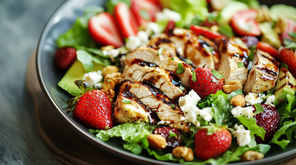 A fresh and balanced salad combining strawberries, grilled chicken, avocado, feta cheese, lettuce,...