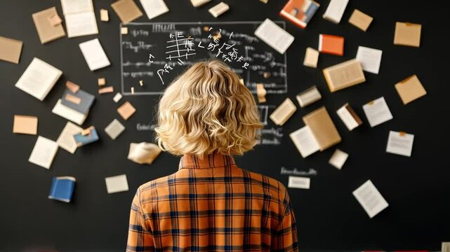 Unraveling Concepts: A person gazes at a complex board scattered with books and notes, representing the journey of intellectual exploration and discovery.