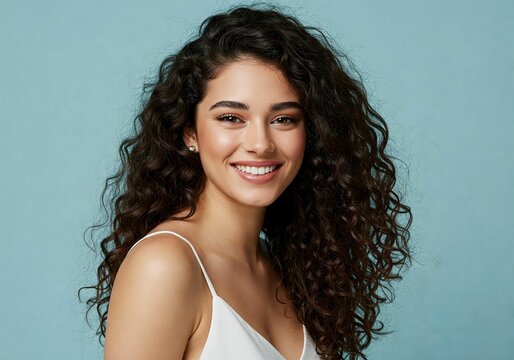 Una mujer joven de pelo rizado largo muy guapa, sonriente, pose de medio cuerpo. el fondo de la imagen es de un color azul claro totalmente plano