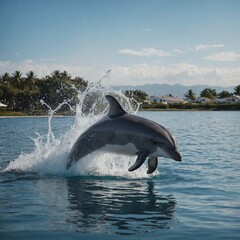 Fototapeta premium A playful dolphin splashing water in the air with a blank white canvas behind it.