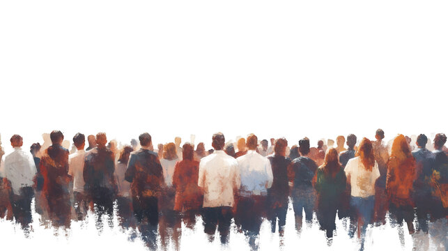 Large group of people walking away from the viewer, isolated on transparent background, oil painting effect