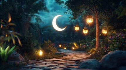 Obraz premium Enchanted Moonlit Garden Path at Night