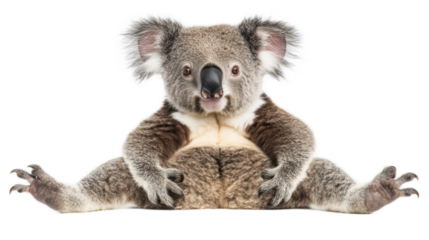 A playful koala sitting with its legs spread wide, surrounded by lush greenery in the background