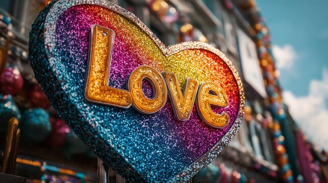 A close-up shot of a rainbow-colored heart-shaped sign made of acrylic with the word "Love" on a lively parade float.