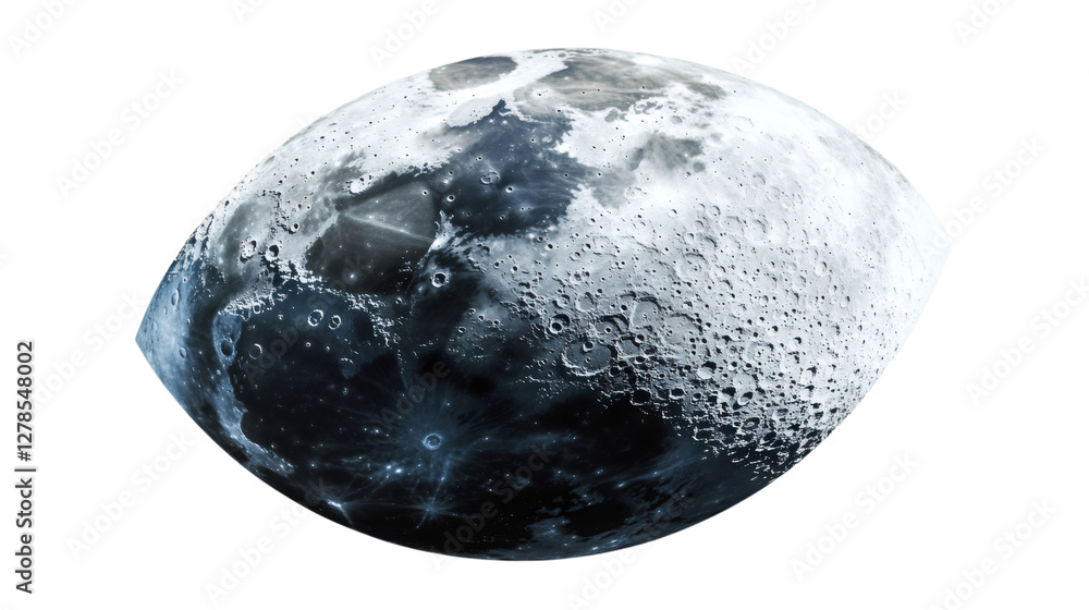 Fototapete Elliptical moon with craters and dark areas rotating in space, isolated on transparent background, ideal for space and astronomy projects
