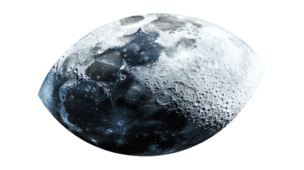 Elliptical moon with craters and dark areas rotating in space, isolated on transparent background, ideal for space and astronomy projects