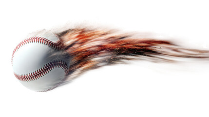 Baseball rocketing across sky, trailing blurred flame, dynamic sports imagery with transparent backdrop