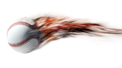Baseball rocketing across sky, trailing blurred flame, dynamic sports imagery with transparent backdrop