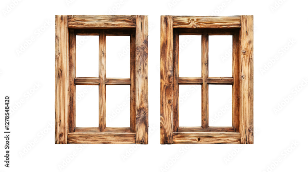 Poster two old wooden windows isolated on transparent background, adding a rustic charm to any design proje