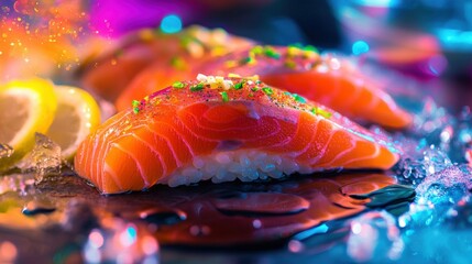 Vibrant sushi platter featuring fresh salmon slices garnished with herbs and lemon, set against a colorful background