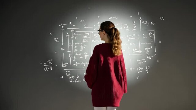 Deciphering Complexities: A studious woman gazes upon a projection of intricate equations, illuminated by a single spotlight.