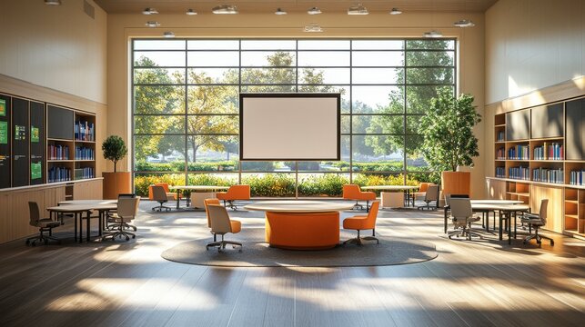 A modern, spacious library interior with large windows, comfortable seating, and a central screen surrounded by bookshelves and plants.