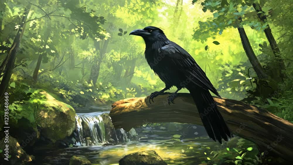 Poster Raven perched on a log beside a tranquil forest stream with sunlight filtering through lush green foliage