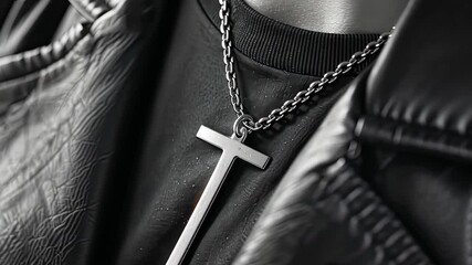 A detailed look at a bold silver cross necklace worn under a black leather jacket, set against a contemporary urban backdrop