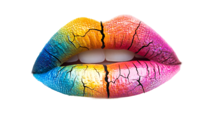 Vibrant cracked lips revealing pearly white teeth, beauty makeup concept against transparent backdrop