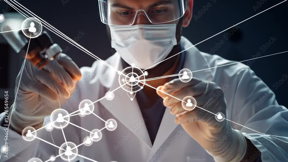 Poster scientist in the lab: a focused scientist meticulously works in a high-tech lab environment, surroun