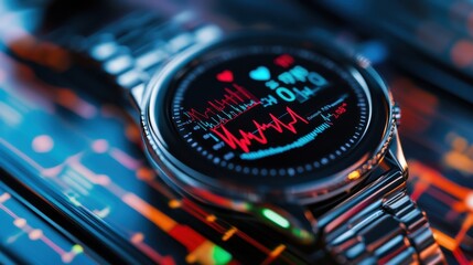 Wearable health technology for real-time monitoring, futuristic smartwatch displaying vital signs, sleek modern health innovation