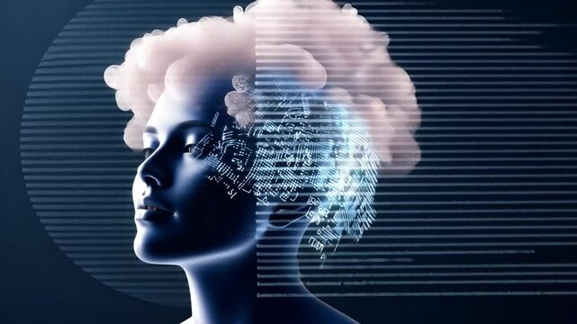 Mind-Machine Fusion: A futuristic portrait of a woman with half her brain replaced by advanced technology, symbolizing the intersection of human intellect and artificial intelligence.