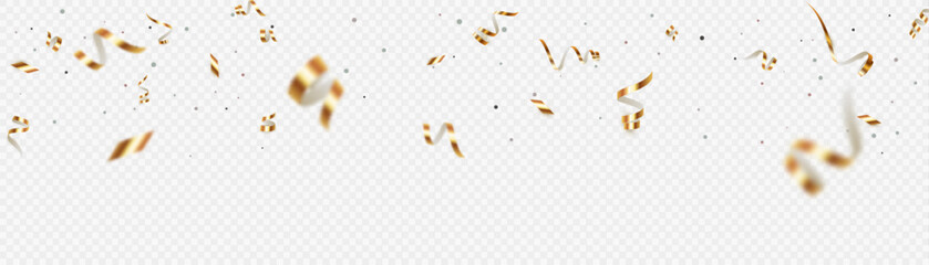 Fototapeta premium Golden confetti on transparent background, bright streamer. Falling shiny streamer. Bright golden festive tinsel. Vector