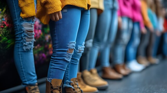 Ripped Jeans, Kids, Line, Flowers, Waiting