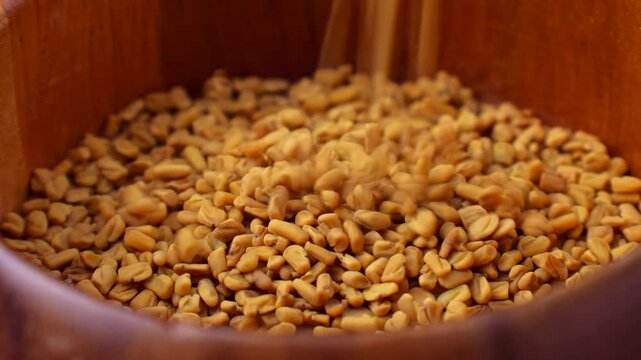 Dry yellow fenugreek seeds falling down into the wooden bowl close up