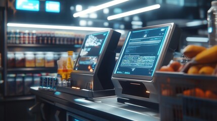 Futuristic Grocery Store Checkout: Modern POS Systems and Fresh Produce