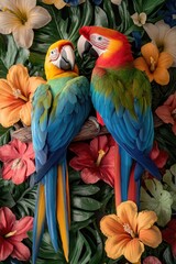 Obraz premium Two colorful parrots on flower-filled branch