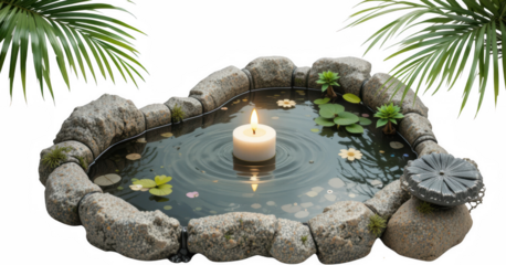 Serene Floating Candle in Stone Water Feature with Tropical Plants