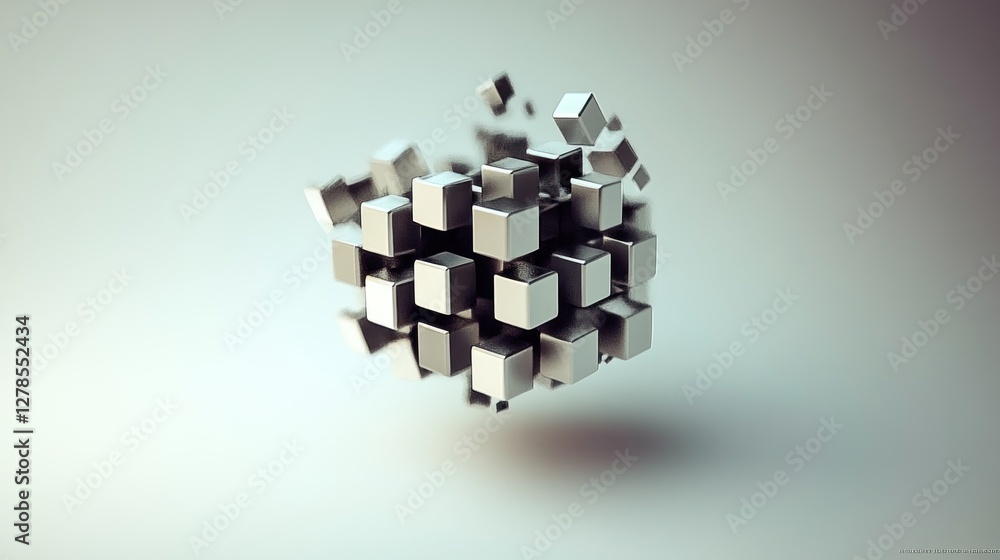 Poster exploding metallic cube cluster; abstract 3d rendering.