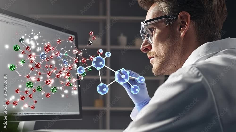 Poster science unveiled: a scientist intently studies a complex molecular structure displayed on a computer