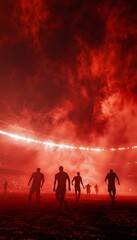 Fototapeta premium Soccer players are silhouetted against a red smoky stadium background