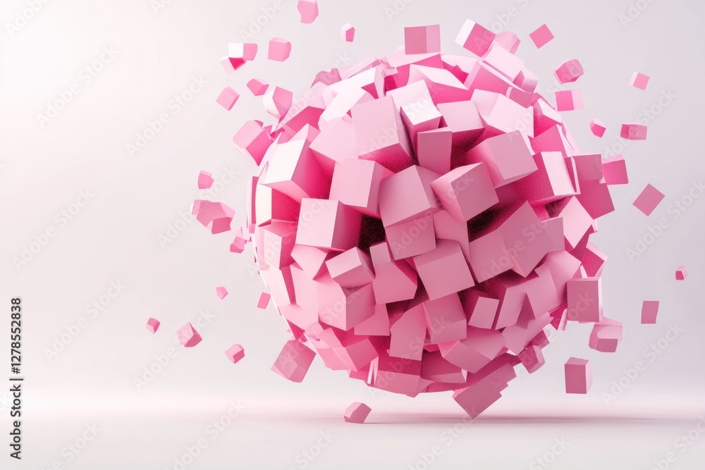 Poster exploding pink cube sphere, abstract 3d render.