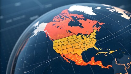 Global map, North America highlighted, glowing orange and red continent, digital earth visualization, network connections, geopolitical illustration, world map technology concept,
