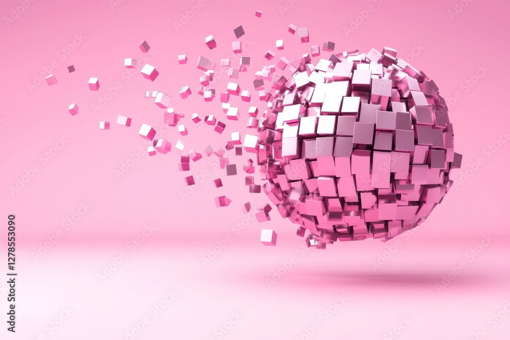 Poster exploding pink cube sphere on pink background.