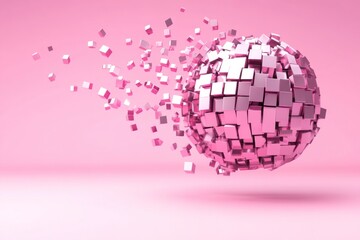 Exploding pink cube sphere on pink background.