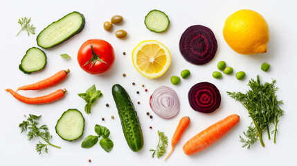 flat-lay composition featuring fresh ingredients like tomato, cucumber, beetroot, carrot, pepper, green peas, turmeric, and olives, artistically arranged on a white background