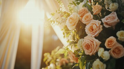 Obraz premium Romantic Peach Roses Wedding Arch Floral Arrangement