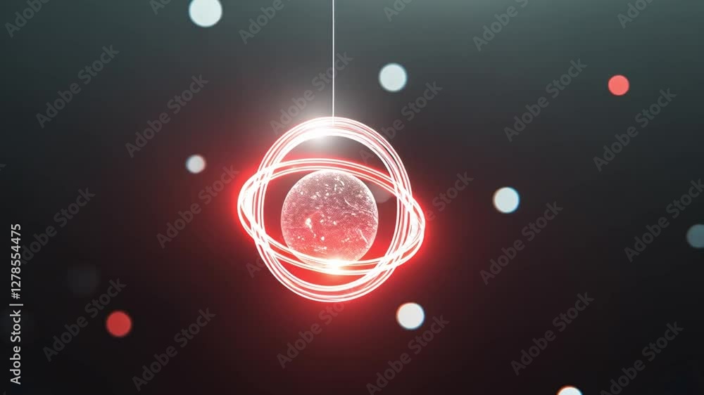 Poster atomic abstraction: a stylized, glowing representation of an atom, complete with orbiting electrons 