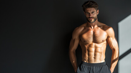 Fototapeta premium Muscular man with six pack abs and intense gaze in deep shadows