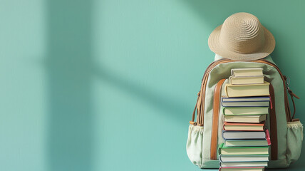 International Travel insurance claims accident, benefits and coverage, backpack filled with books and straw hat