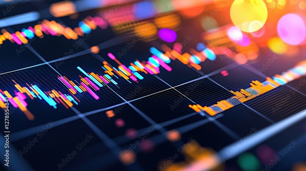 Poster a vibrant digital graph displays fluctuating data trends with colorful lines and dots, suggesting dy
