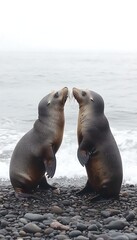 Naklejka premium Seals Kissing on Beach, Misty Ocean Background